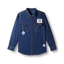 Pine Kids Denim Woven Full Sleeves Washed Shirt with Patch Detailing - Navy Blue