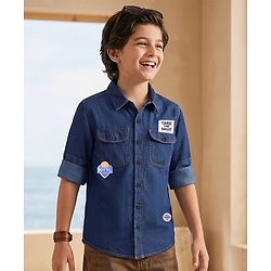 Pine Kids Denim Woven Full Sleeves Washed Shirt with Patch Detailing - Navy Blue