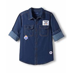Pine Kids Denim Woven Full Sleeves Washed Shirt with Patch Detailing - Navy Blue