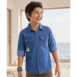 Pine Kids Woven Full Sleeves Washed Shirt with Text Applique - Blue