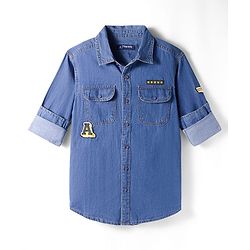 Pine Kids Woven Full Sleeves Washed Shirt with Text Applique - Blue