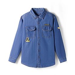 Pine Kids Woven Full Sleeves Washed Shirt with Text Applique - Blue