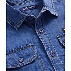 Pine Kids Woven Full Sleeves Washed Shirt with Text Applique - Blue