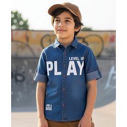 Pine Kids Denim Woven Full Sleeves Shirt With Text Print - Blue
