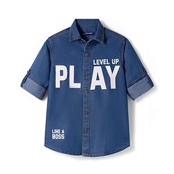 Pine Kids Denim Woven Full Sleeves Shirt With Text Print - Blue