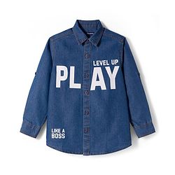 Pine Kids Denim Woven Full Sleeves Shirt With Text Print - Blue