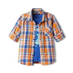 Pine Kids Cotton Woven Full Sleeves Checkered Shirt With T-Shirt - Orange
