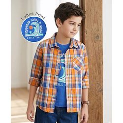 Pine Kids Cotton Woven Full Sleeves Checkered Shirt With T-Shirt - Orange