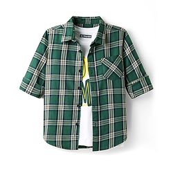 Pine Kids Cotton Woven Full Sleeves Checkered Shirt With T-Shirt - Green