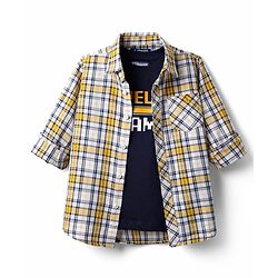 Pine Kids 100% Cotton Full Length Checks Shirts With Text Printed Tank T-Shirt - Yellow & Navy Blue