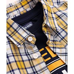 Pine Kids 100% Cotton Full Length Checks Shirts With Text Printed Tank T-Shirt - Yellow & Navy Blue