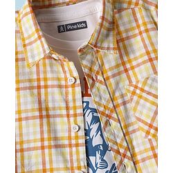 Pine Kids 100% Cotton Full Sleeves Checks Shirt With Text Printed Tank T-Shirt - Yellow & White
