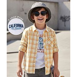 Pine Kids 100% Cotton Full Sleeves Checks Shirt With Text Printed Tank T-Shirt - Yellow & White