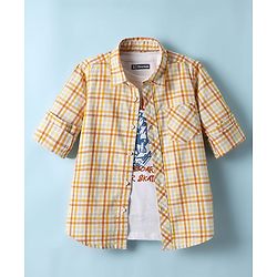 Pine Kids 100% Cotton Full Sleeves Checks Shirt With Text Printed Tank T-Shirt - Yellow & White