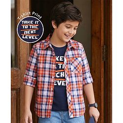 Pine Kids Cotton Woven Full Sleeves Checkered Shirt With T-Shirt - Multicolour