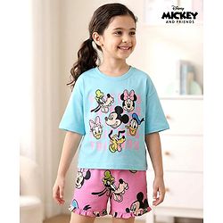 Pine Kids Disney Single Jersey Knit Oversize Drop Shoulder Half Sleeves Shorts Night Suit with Minnie & Friends Graphics - Light Blue & Pink