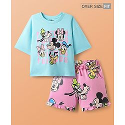 Pine Kids Disney Single Jersey Knit Oversize Drop Shoulder Half Sleeves Shorts Night Suit with Minnie & Friends Graphics - Light Blue & Pink
