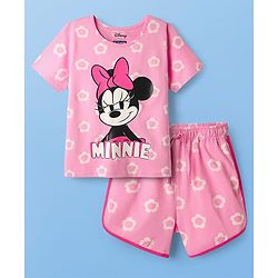Pine Kids Disney Single Jersey Knit Half Sleeves Shorts Night Suit with Minnie Mouse & Floral Print - Pink