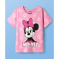 Pine Kids Disney Single Jersey Knit Half Sleeves Shorts Night Suit with Minnie Mouse & Floral Print - Pink