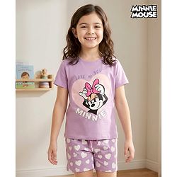 Pine Kids Disney Single Jersey Knit Oversized Half Sleeves Shorts Night Suit with Minnie & Friends Graphics - Lilac