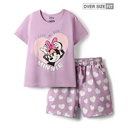 Pine Kids Disney Single Jersey Knit Oversized Half Sleeves Shorts Night Suit with Minnie & Friends Graphics - Lilac