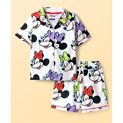 Pine Kids Disney Single Jersey Knit Half Sleeves Co-ords Shorts Night Suit With Minnie Mouse Print - White