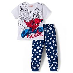 Pine Kids Marvel Single Jersey Knit Half Sleeves Night Suit With Spiderman Graphics - White & Navy Blue