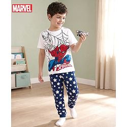 Pine Kids Marvel Single Jersey Knit Half Sleeves Night Suit With Spiderman Graphics - White & Navy Blue