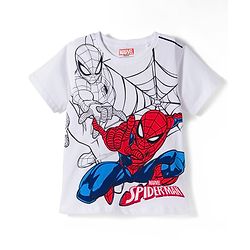 Pine Kids Marvel Single Jersey Knit Half Sleeves Night Suit With Spiderman Graphics - White & Navy Blue