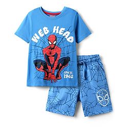 Pine Kids Marvel Single Jersey Knit Half Sleeves Shorts Night Suit with Spider Man Graphics - Blue