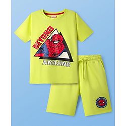Pine Kids Marvel Single Jersey Knit Half Sleeves Shorts Night Suit with Spider-Man Graphics - Neon Green