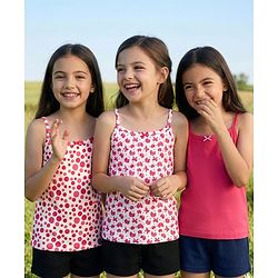Pine Kids Cotton Elastane Knit Singlet Sleeves Bow & Polka Dot Printed Slips Pack of 3 (Color May Vary)