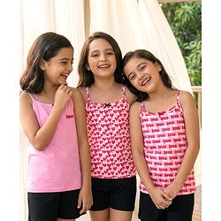 Pine Kids Cotton Elastane Knit Singlet Sleeves Love & Heart Printed Slips Pack of 3 (Color May Vary)