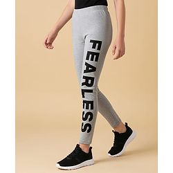 Pine Kids Cotton Lycra Knit Full Length Leggings with Fearless Print - Grey Melange