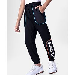 Pine Kids Cotton Knit Full Length Lounge Pant with Text Print & Pipe Detailing - Black