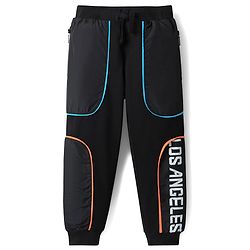 Pine Kids Cotton Knit Full Length Lounge Pant with Text Print & Pipe Detailing - Black