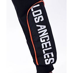 Pine Kids Cotton Knit Full Length Lounge Pant with Text Print & Pipe Detailing - Black