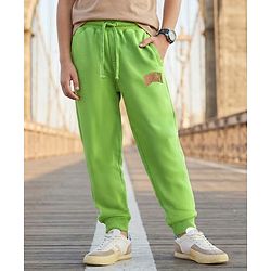 Pine Kids Cotton Knit Full Length Lounge Pants With Brooklyn Text Print - Green