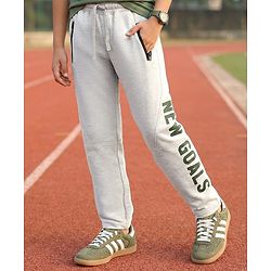 Pine Kids Cotton Knit Full Length Lounge Pants With New Goals Text Print - Grey