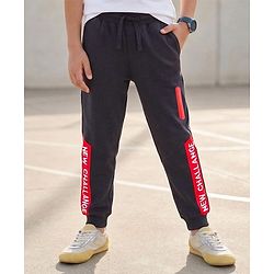 Pine Kids Cotton Knit Full Length Lounge Pant with Text Print - Navy Blue