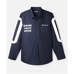 Pine Kids Cotton Woven Full Sleeves Shirt With Text Print - Navy Blue