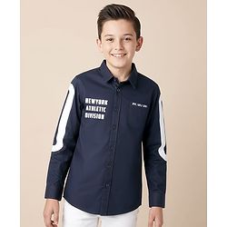Pine Kids Cotton Woven Full Sleeves Shirt With Text Print - Navy Blue