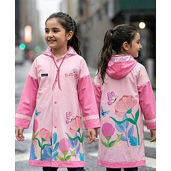 Pine Kids Full Sleeves Hooded Butterfly Raincoat - Light Pink