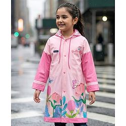 Pine Kids Full Sleeves Hooded Butterfly Raincoat - Light Pink
