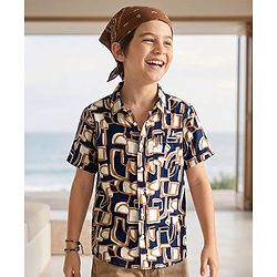 Pine Kids Viscose Woven Half Sleeves Abstract Printed Shirt - Navy Blue