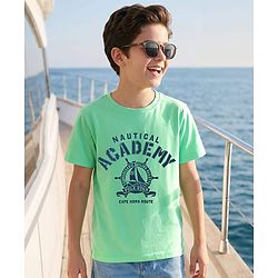 Pine Kids Cotton Knit Half Sleeves T-Shirt with Nautical Theme Print - Mint