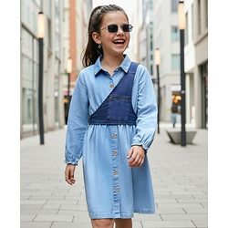 Pine Kids Cotton Woven Full Sleeves Solid Coloured Shirt Dress With One Sided Jacket - Light Blue