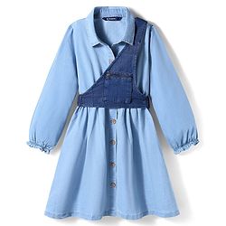 Pine Kids Cotton Woven Full Sleeves Solid Coloured Shirt Dress With One Sided Jacket - Light Blue
