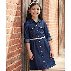 Pine Kids Cotton Woven Full Sleeves Solid Color Shirt Dress & Belt - Navy Blue