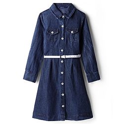 Pine Kids Cotton Woven Full Sleeves Solid Color Shirt Dress & Belt - Navy Blue